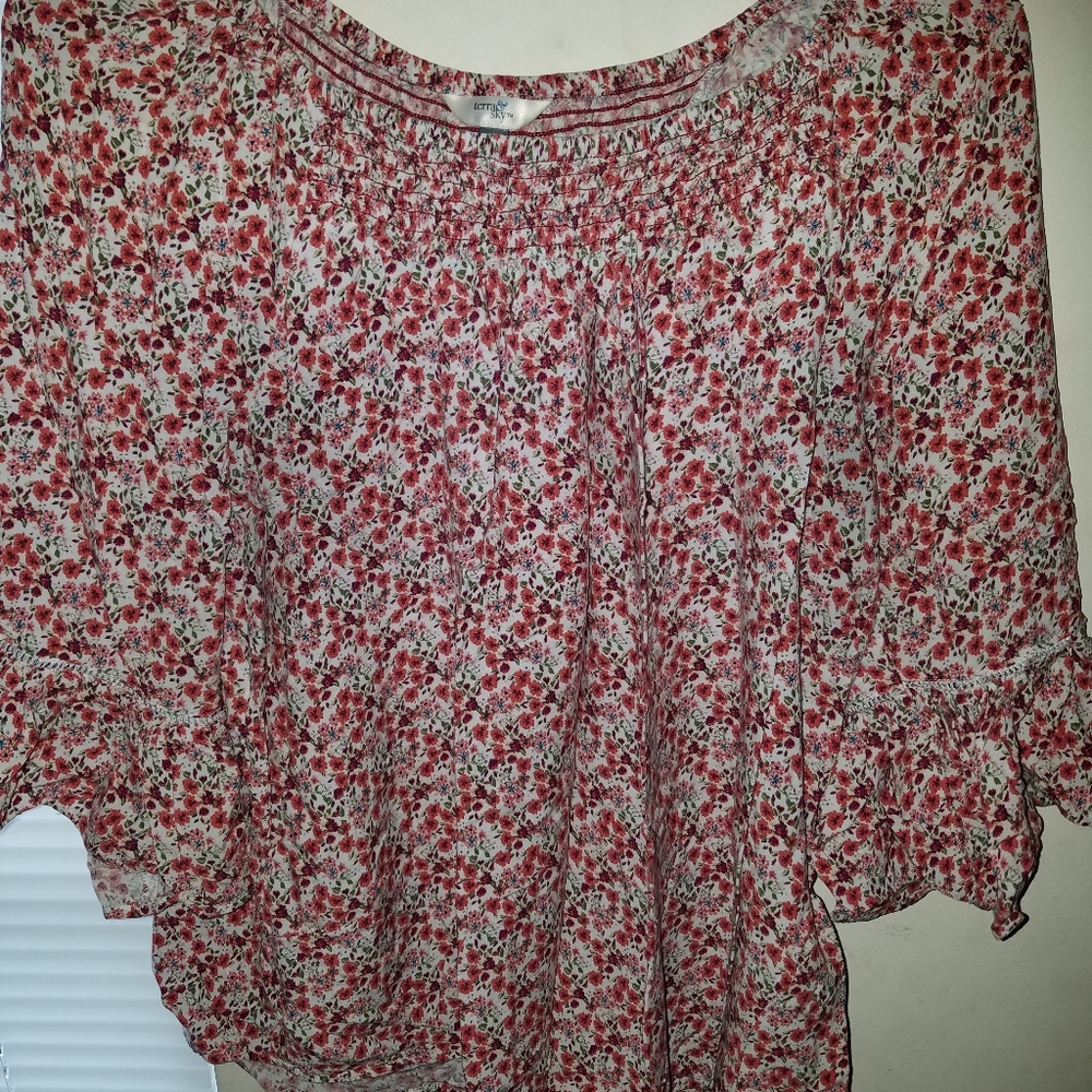 Terra and Sky 0X Red Floral Bell Sleeve Top